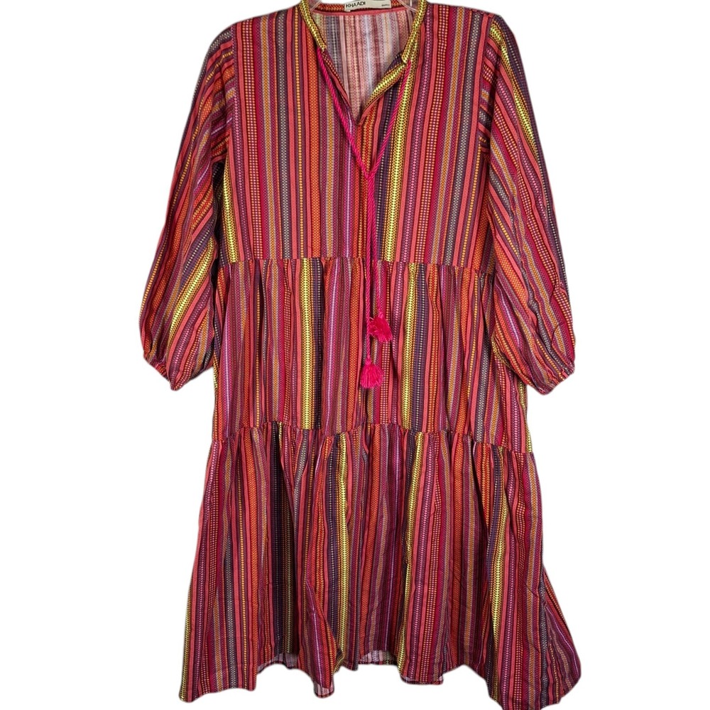 Khaadi‎ Womens Small (Fits Large) Dress Cotton Pakistan Red Boho Tribal Tassel